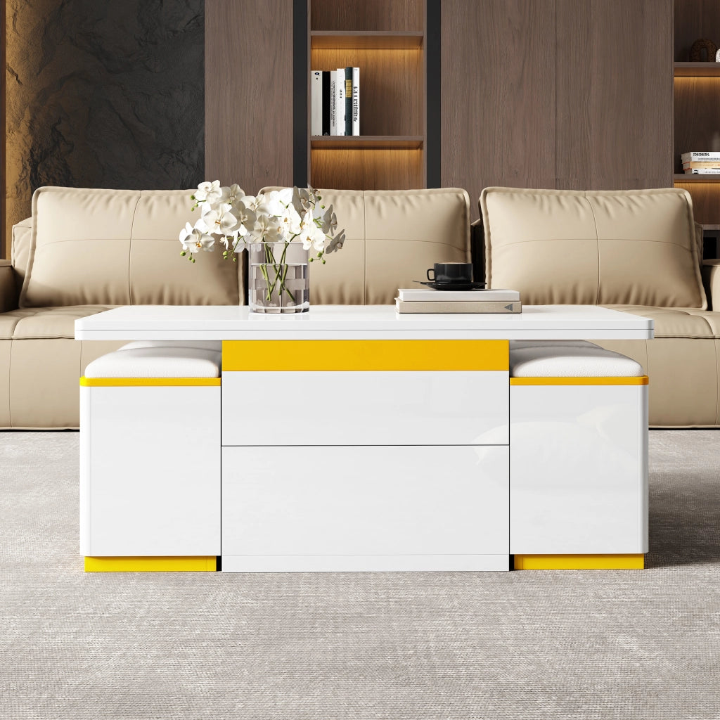 TAVOLINO DA CAFFÈ rialzabile 100 x 50 x 43 cm Bianco e Giallo, Set con 4 sgabelli