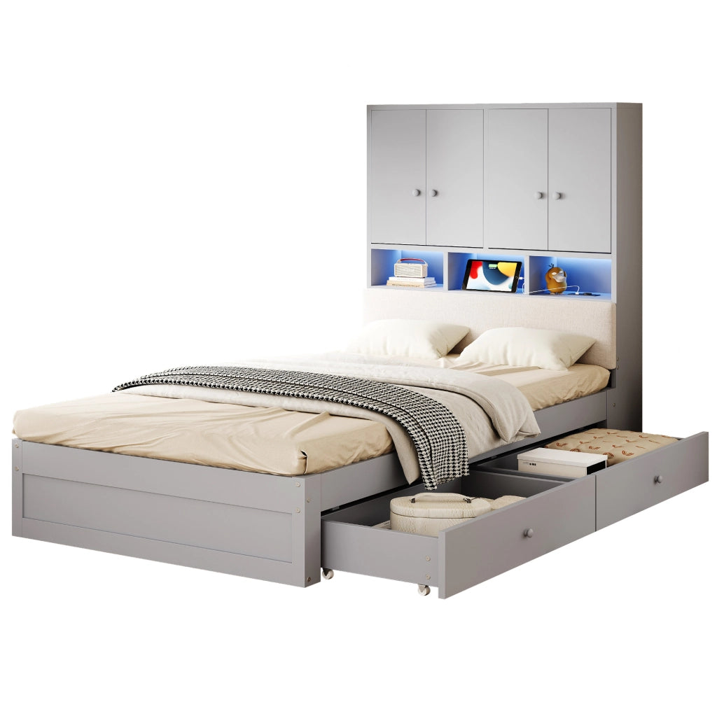 Letto singolo multifunzione 90x200 cm con contenitore; LED; presa e cassetti; grigio