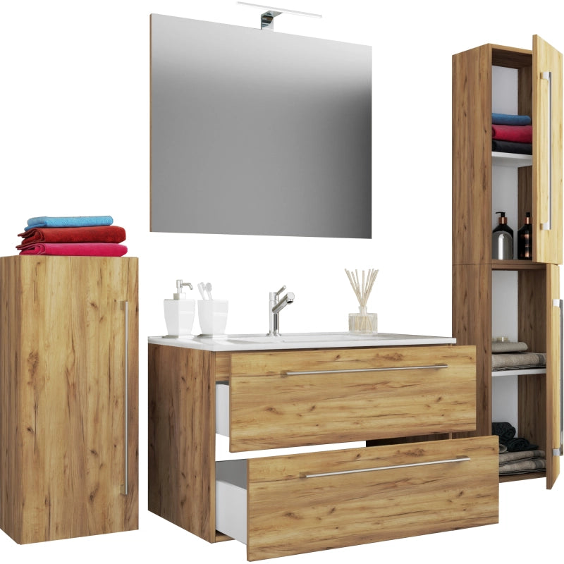 Completo Set bagno 5 pz Mobile sosp 2 casetti con Lavabo XL in ceramica incl 1 Colonna 1 mobile sosp e specchio, Rovere