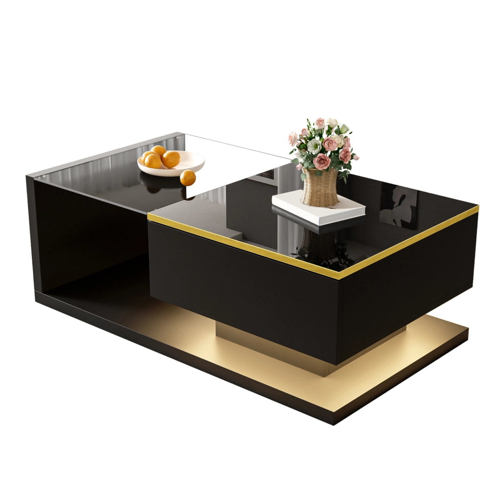 Tavolino da salotto 90x50 cm in nero lucido con piano in vetro temperato e LED a 16 colori