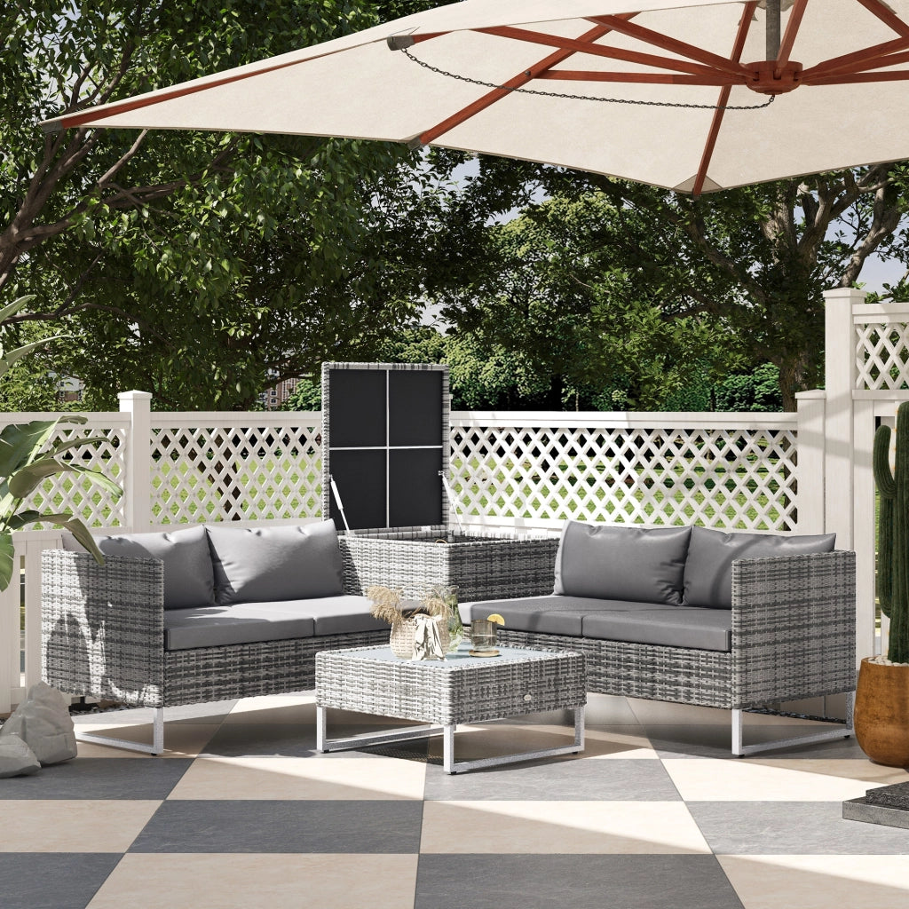 Set da Giardino 4 Pezzi con 2 Divani 2 Posti, Tavolino da Caff¨¨ e Tavolino Alto, in Acciaio e Rattan