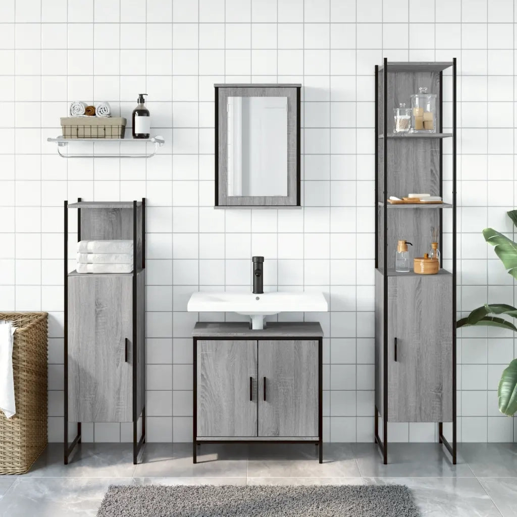 Set Mobili da Bagno | Armadio da bagno 4 pz Grigio Sonoma in Legno Multistrato
