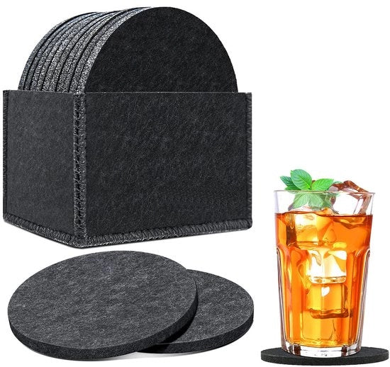 Set di Sostegni in Vetro da 10 con Tappi Ronde in Velluto, Sostegni per Bicchieri, Bar, Bicchieri - Regali Unici per Compleanni, Regali di Natale, Nero