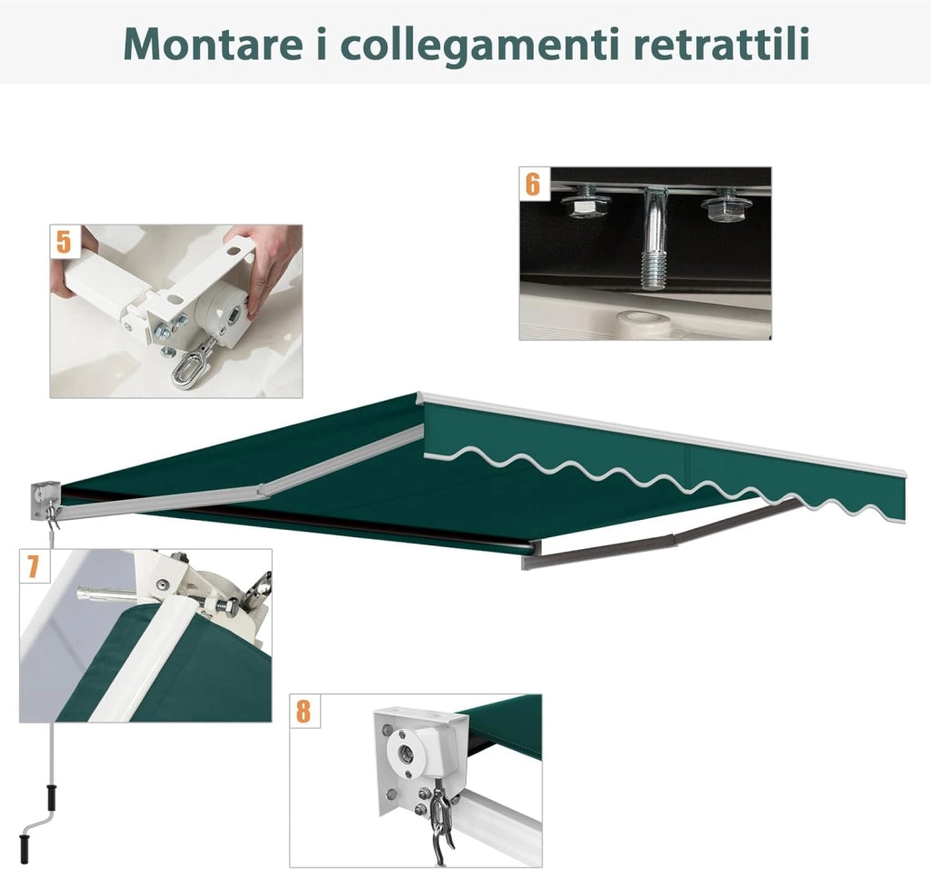 Tenda da Sole per Esterno Avvolgibile, Tenda da Sole a Bracci Estensibili con Telaio in Alluminio e Tettuccio Resistente al Sole e Impermeabile e Manovella (295 x 250 cm,Verde)