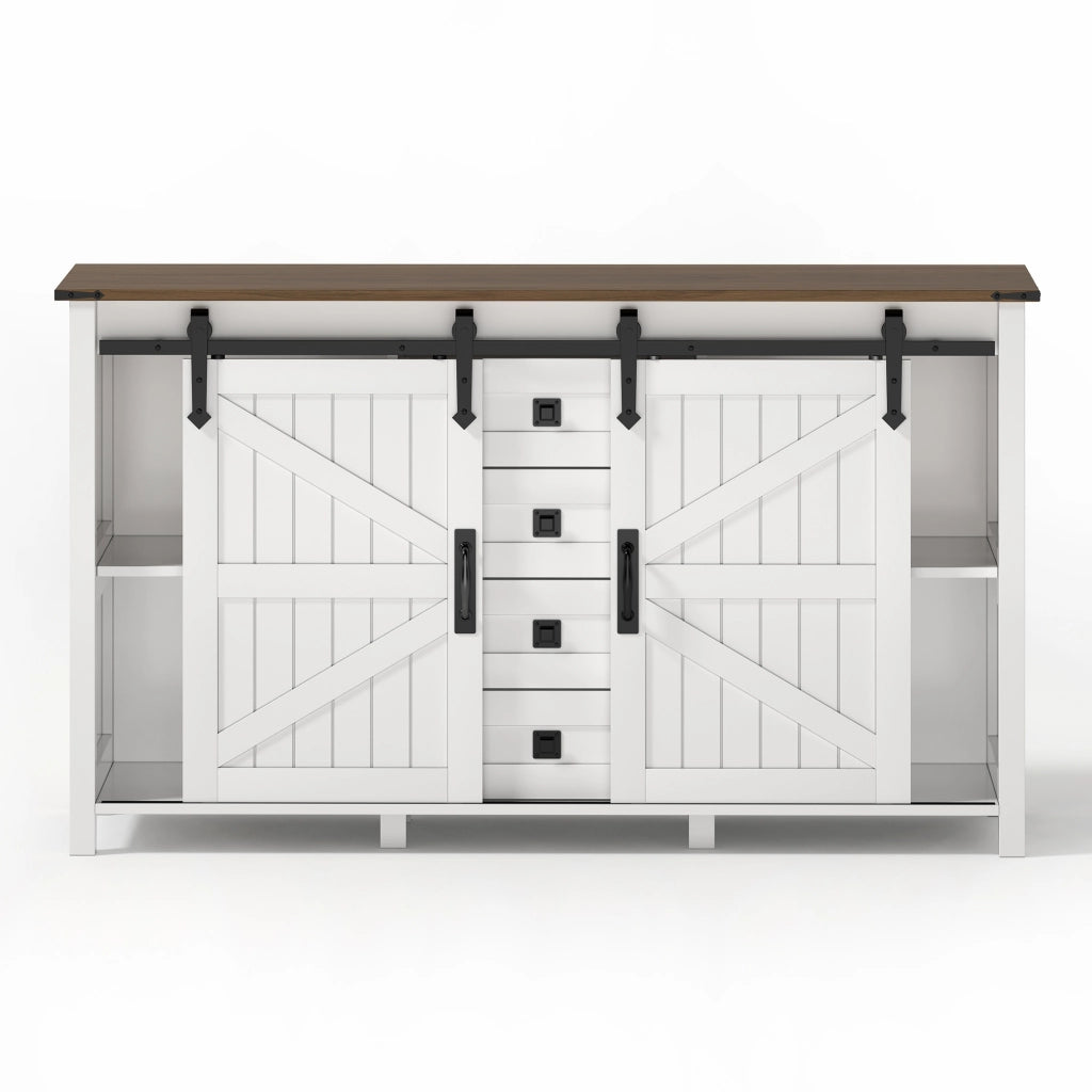Credenza sideboard con 2 ante scorrevoli e 4 cassetti, 137 cm, bianco, in MDF