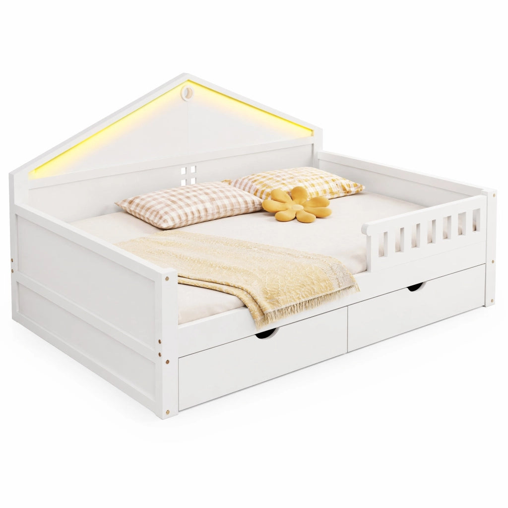 Letto singolo multifunzione 140x200 cm con LED; 2 cassetti; bianco