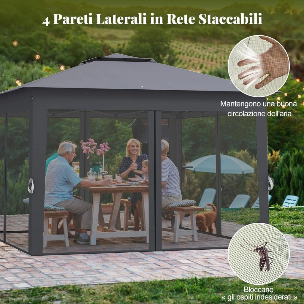Gazebo Pieghevole 3,4 x 3,4 m con Zanzariera, Gazebo da Giardino con Tende Laterali, Tenda da Giardino Antivento Facile da Montare Resistente 210D con Borsa di Trasporto (Grigio)