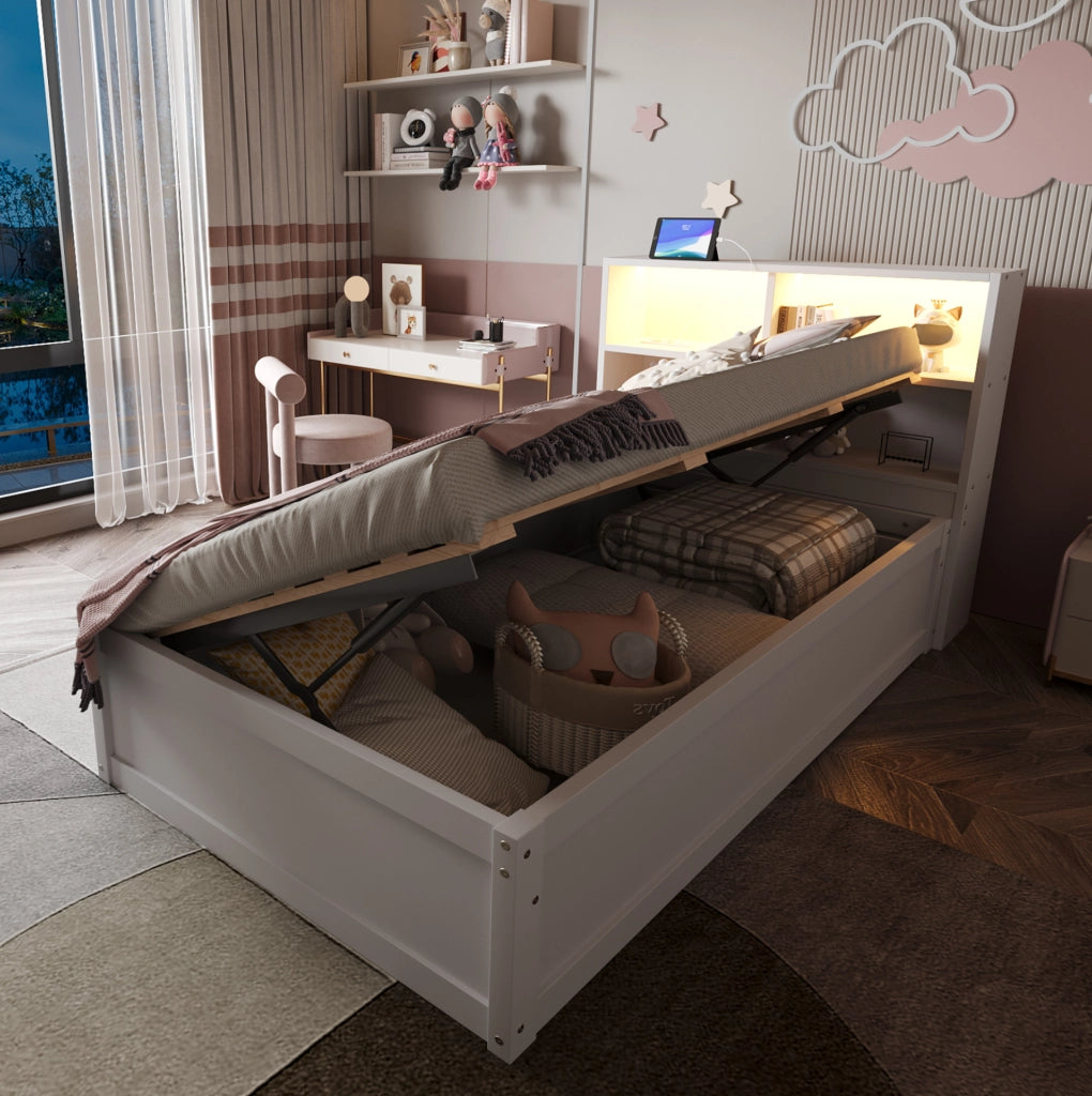 Letto multifunzione 90x200 cm con presa integrata; LED e 4 vani contenitore; bianco