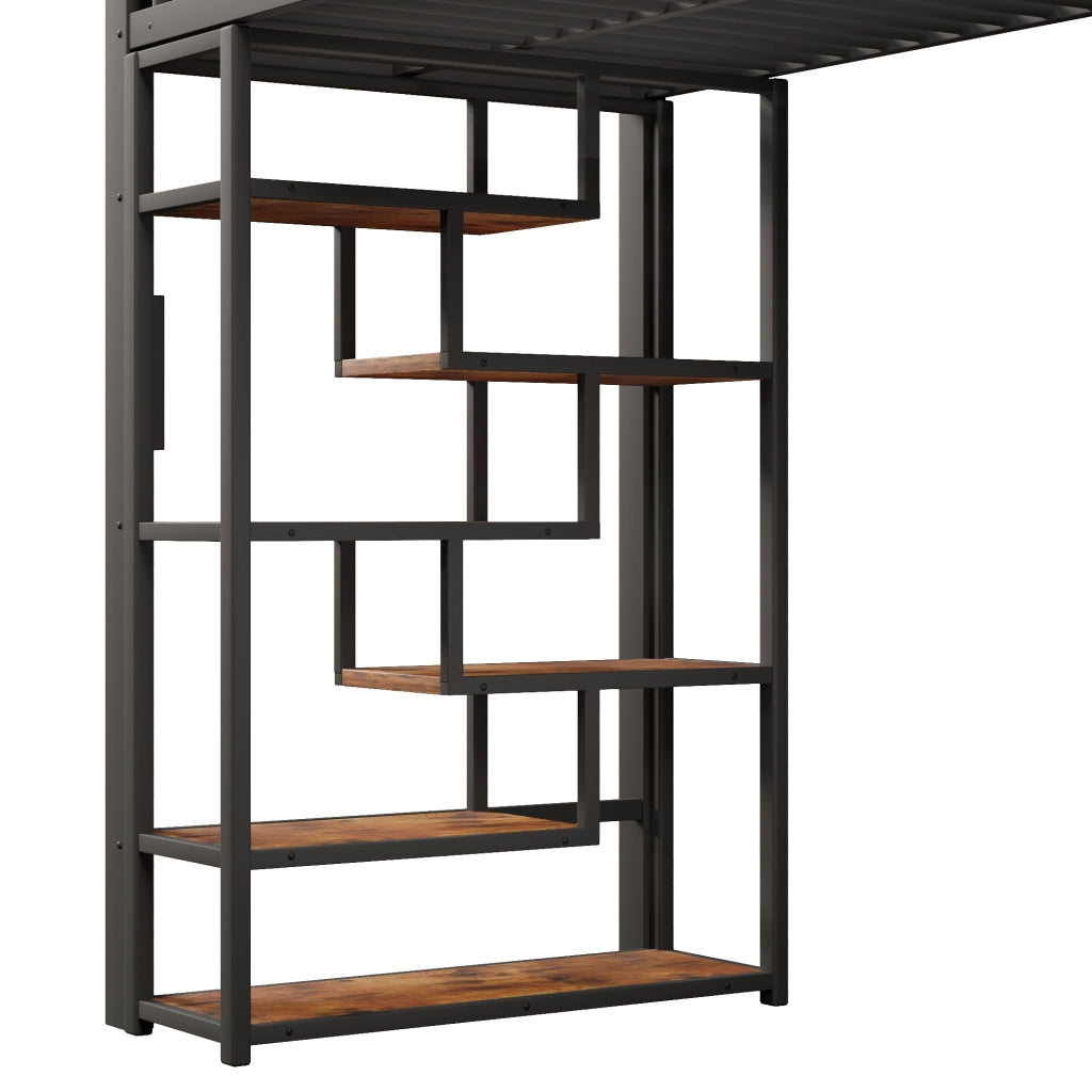 Letto a soppalco 90x200 cm con spazio libero sottostante; LED; ripiano; gradini integrati e parapetto; metallo nero