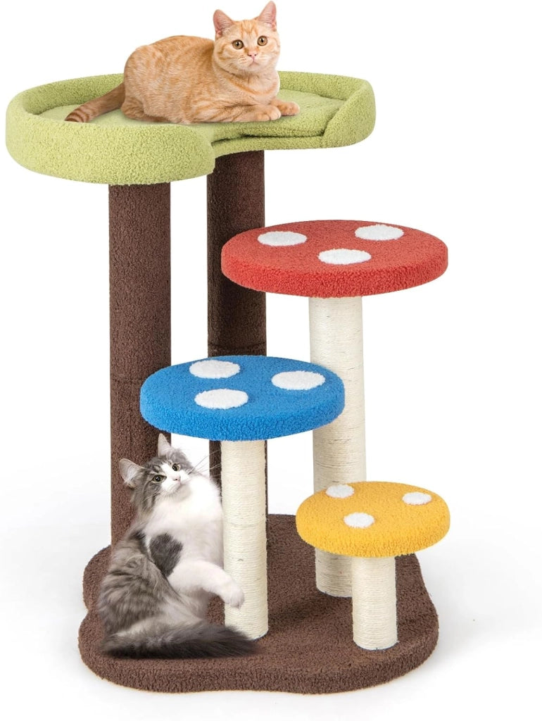 Albero per Gatti 3 in 1, Torre per Gatti a 5 Livelli con 3 Pali in Sisal, Tappetino e Piattaforme Rimovibili, Centro Attività per Gattini a Fungo