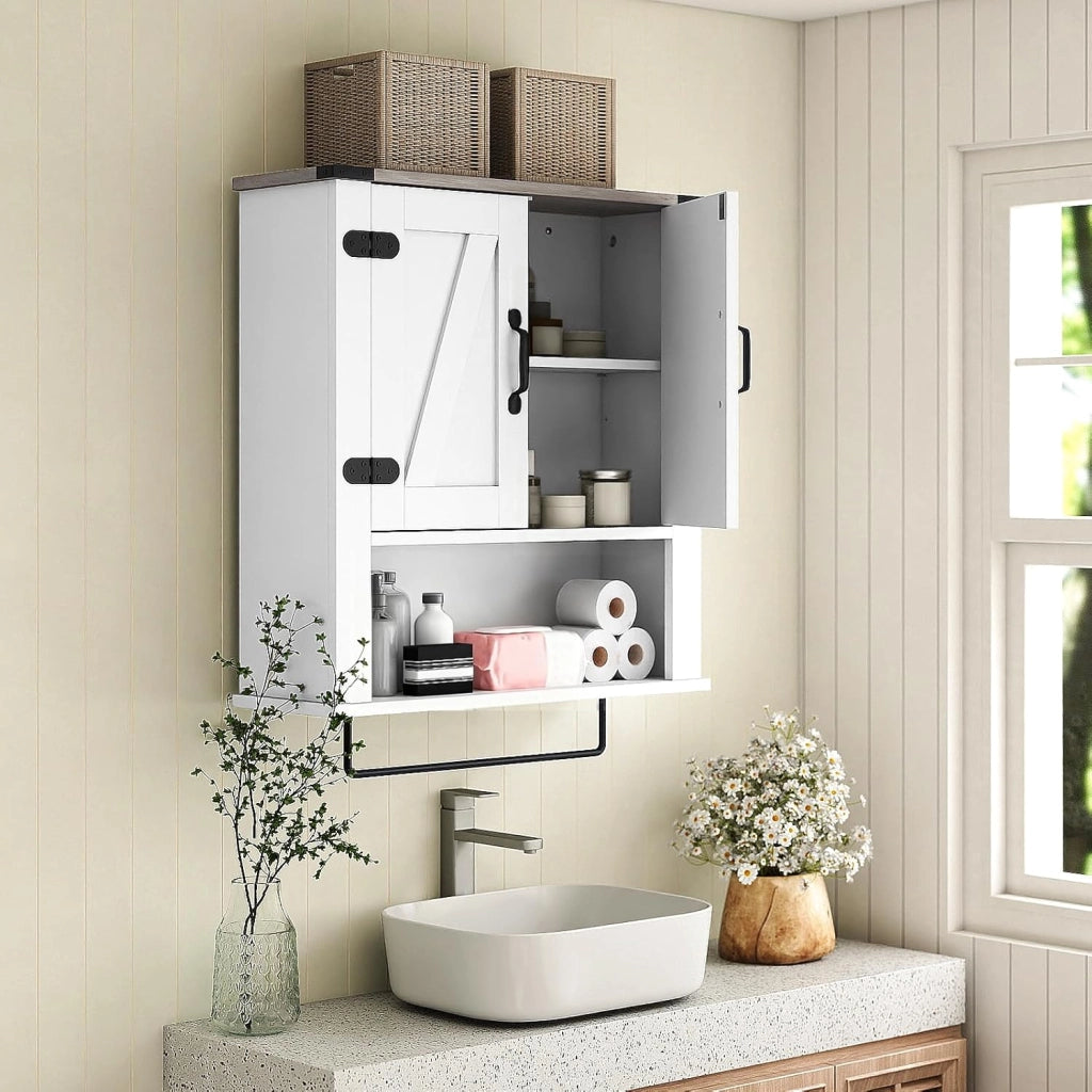 Mobiletto da Parete per Bagno con Porta Asciugamani, Armadietto Farmhouse con Ante a Botte & Ripiano Regolabile, Organizer da Muro Sopra il WC per Lavanderia, Cucina e Soggiorno