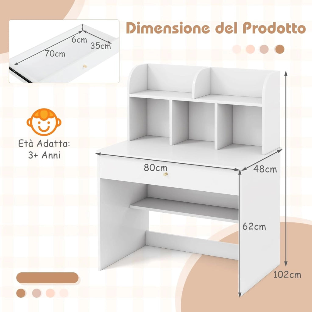 Scrivania in Legno 80 x 48 x 102 cm per Bambini 3+ Anni, Scrivania Cameretta Bambina con 5 Mensole, 1 Cassetto, Spazio di Lavoro e Angoli Arrotondati, Ideale per Studio e Disegno (Bianco)