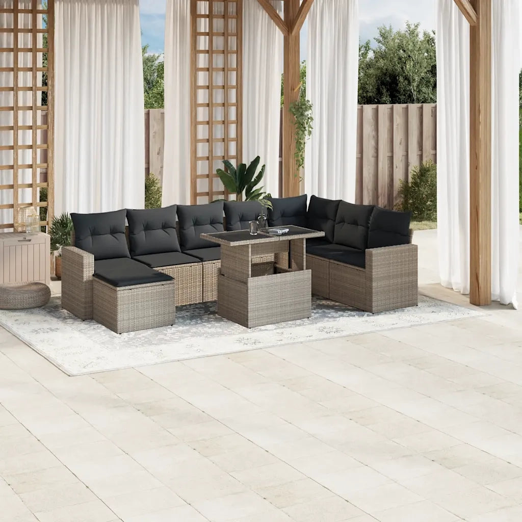 Set Divano da Giardino 9pz con Cuscini Grigio Chiaro Polyrattan