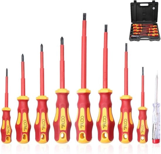 Set di chiavi a batteria 9 pezzi isolanti VDE con tester di tensione - a dente spigoloso e a stella e a chiave Phillips e Pozidriv