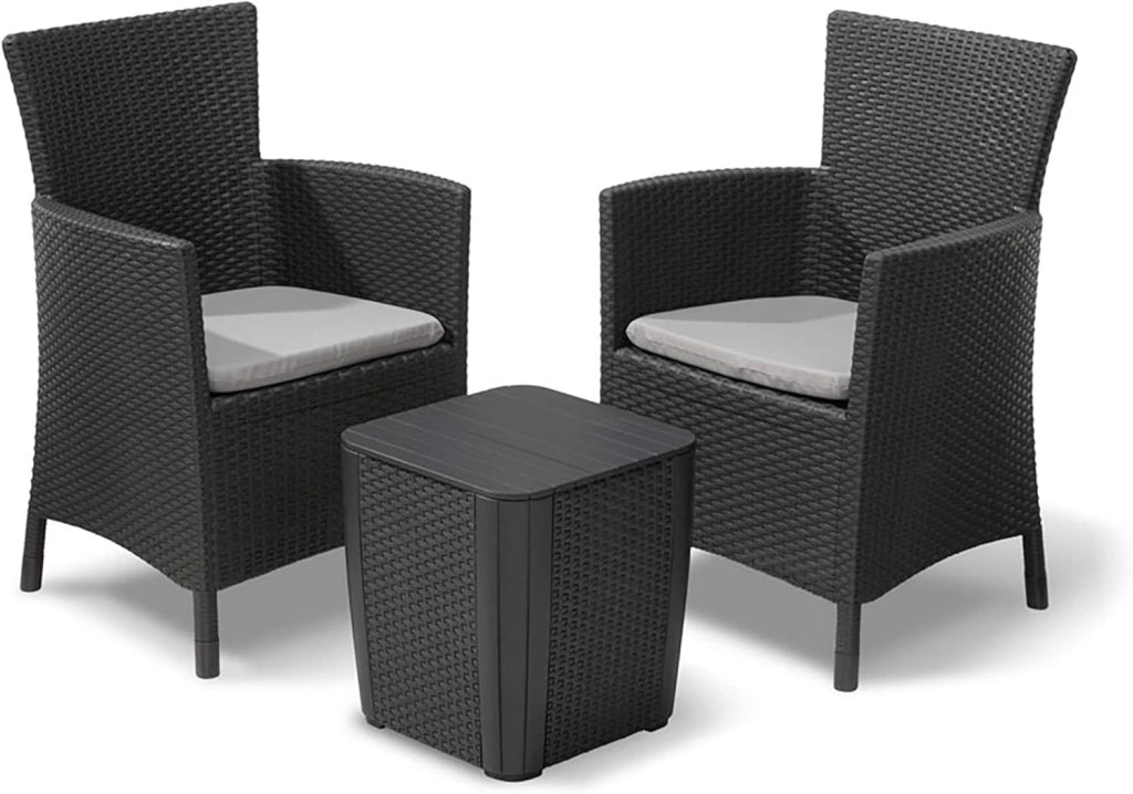 Salottino da giardino 3 pezzi con 2 poltrone e tavolino contenitore effetto rattan colore grafite Iowa Balcony Keter