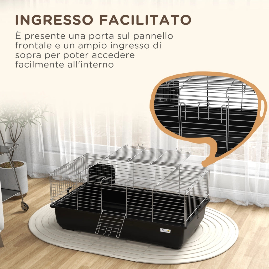 Gabbia per Conigli a 2 Porte con Vassoio Rimovibile, in Metallo e Plastica PP, 100x55x41 cm, Nero e Argento