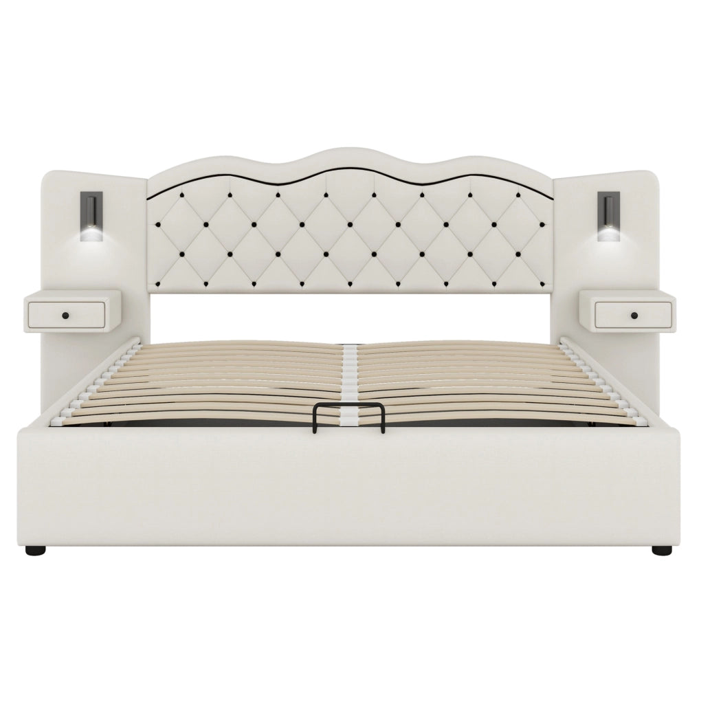 LETTO Imbottito 180x200 cm Beige in lino e MDF con testiera integrata