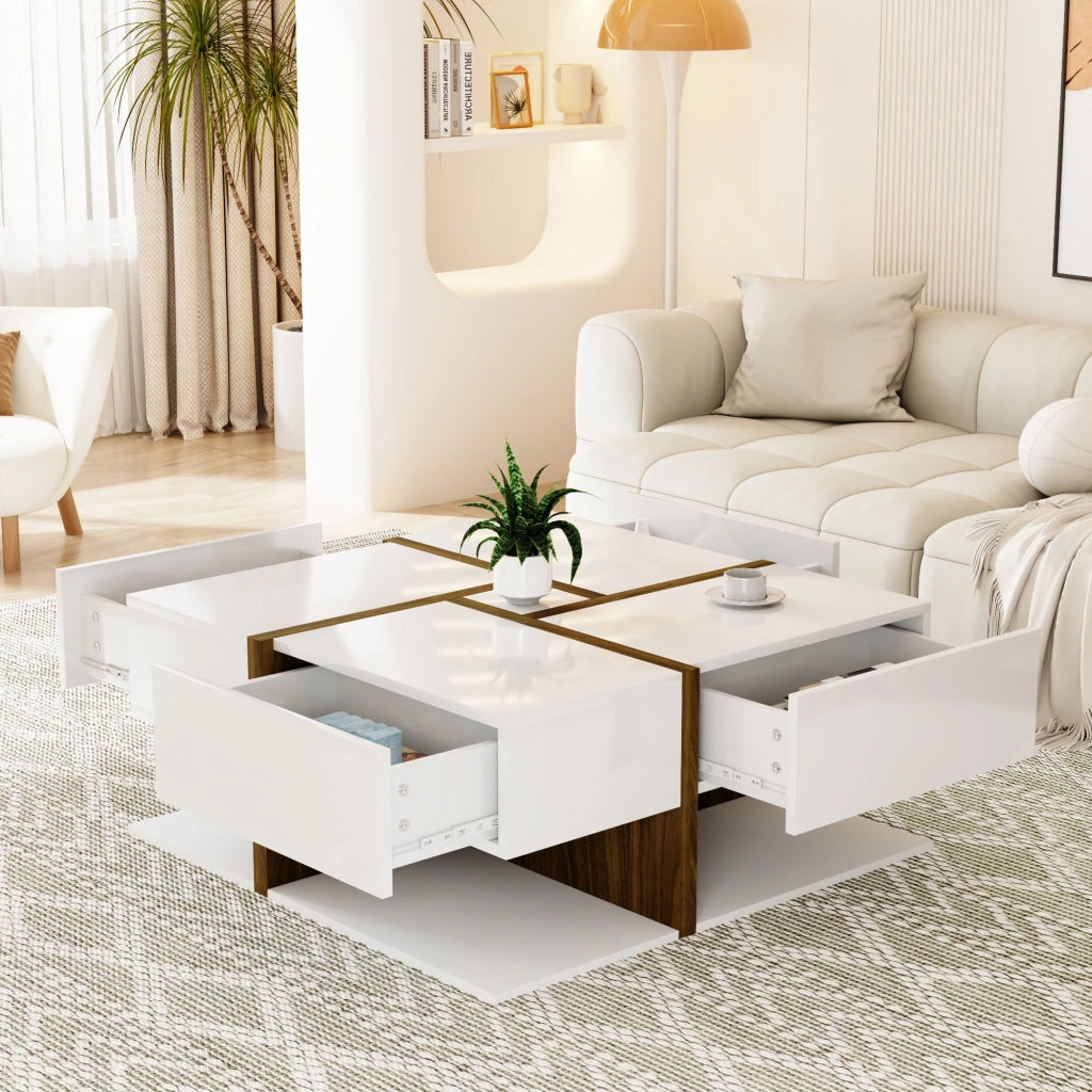 Tavolino da caffè 78x78x34.8 cm; 4 cassetti con finitura lucida e ripiano inferiore; truciolato bianco