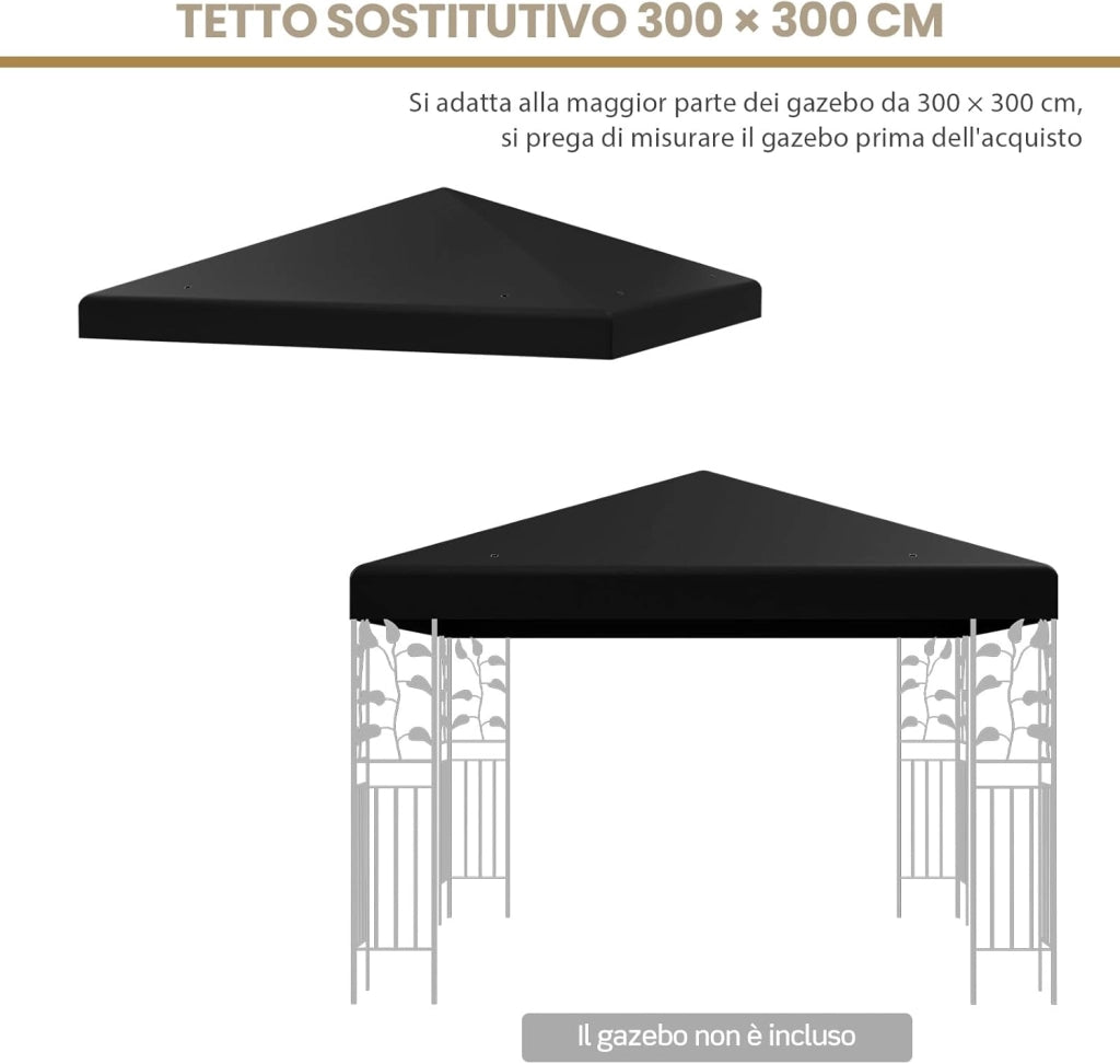 Tettoia di Ricambio per Gazebo da 3 x 3 m, Copertura per Gazebo da Giardino con Gancio e Chiusura a Strappo, Fori di Drenaggio (Nero)
