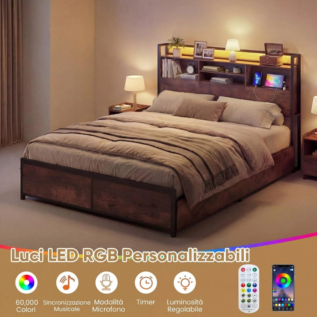 Struttura Letto con Testiera, Letto con 4 Cassetti e Doghe Robuste in Metallo, Letto a Piattaforma con Prese, Silenzioso, Carico Massimo 300kg (160 x 200 cm)