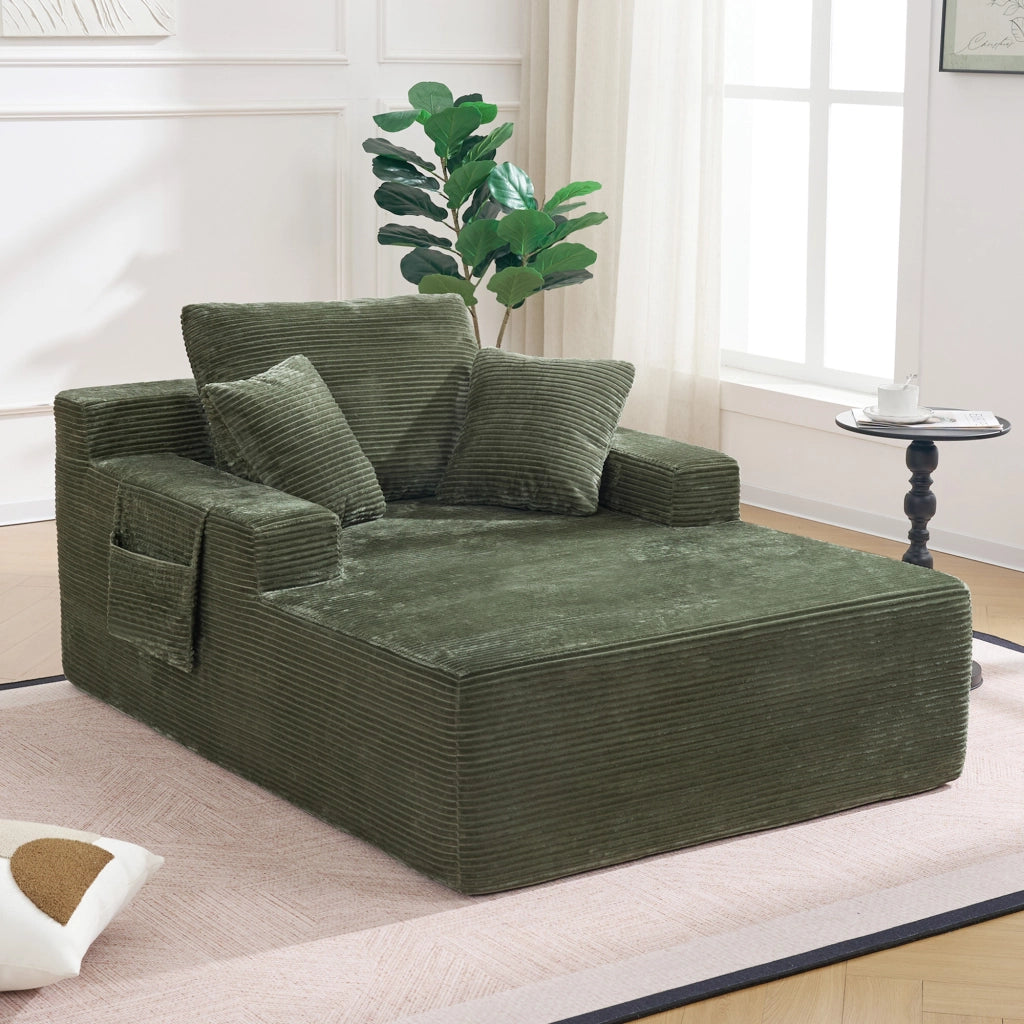 Divano comodo in velluto a coste con tasche laterali e cuscini, struttura stabile, per soggiorno e relax, verde
