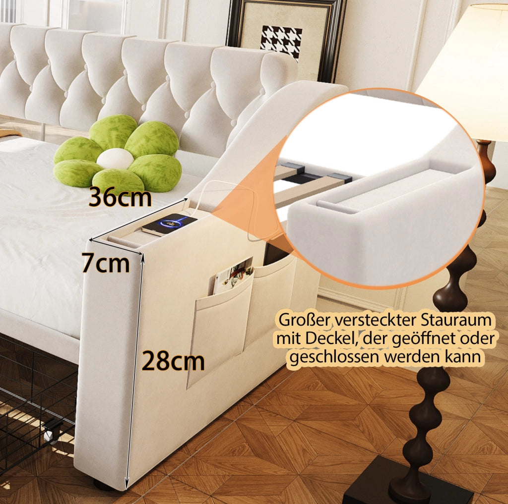 Letto imbottito 90 x 190 cm con USB, cassetti e braccioli beige