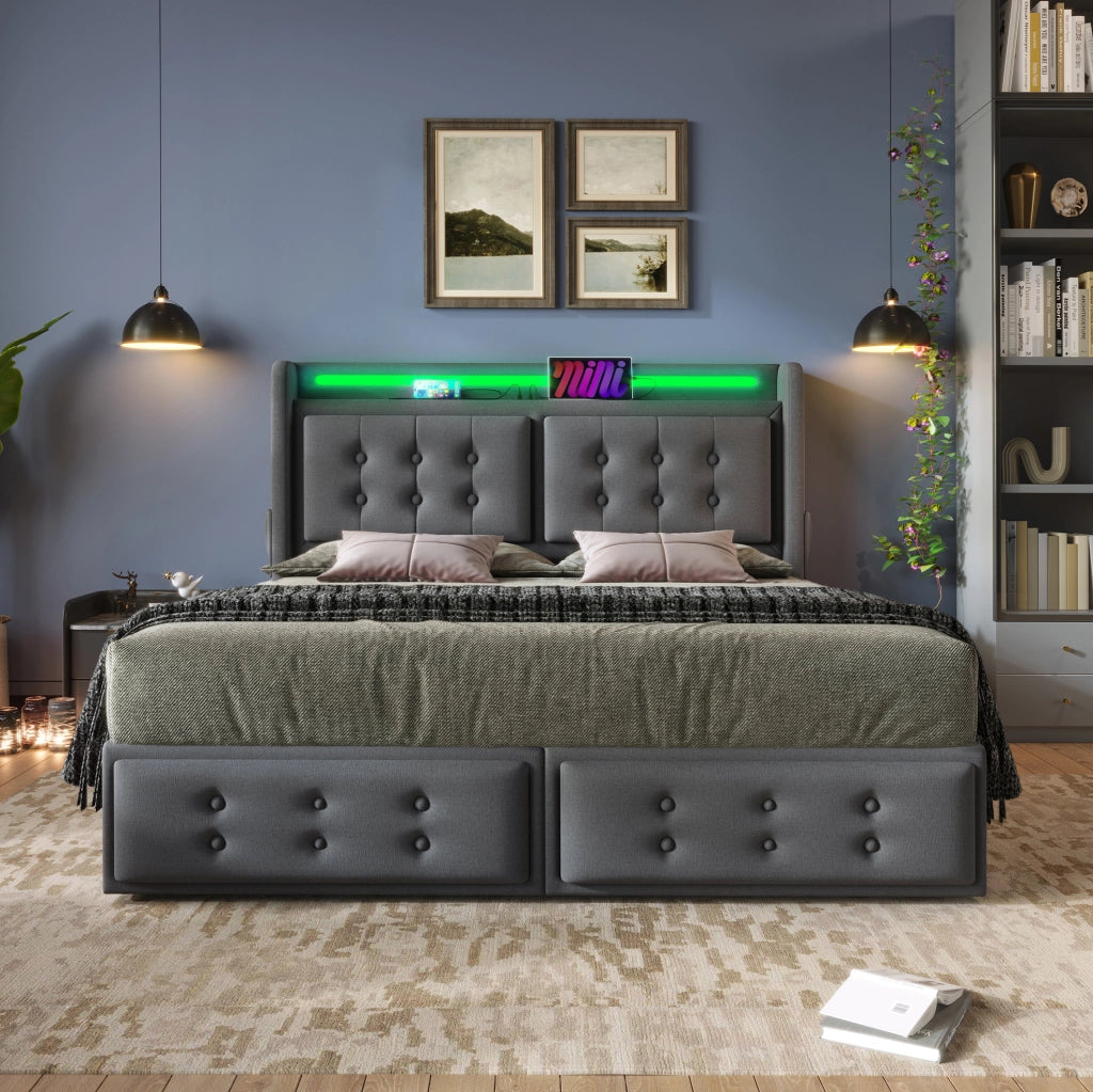 Letto contenitore 160x200 cm con LED; porta USB C e 4 cassetti; tessuto cotone-lino grigio