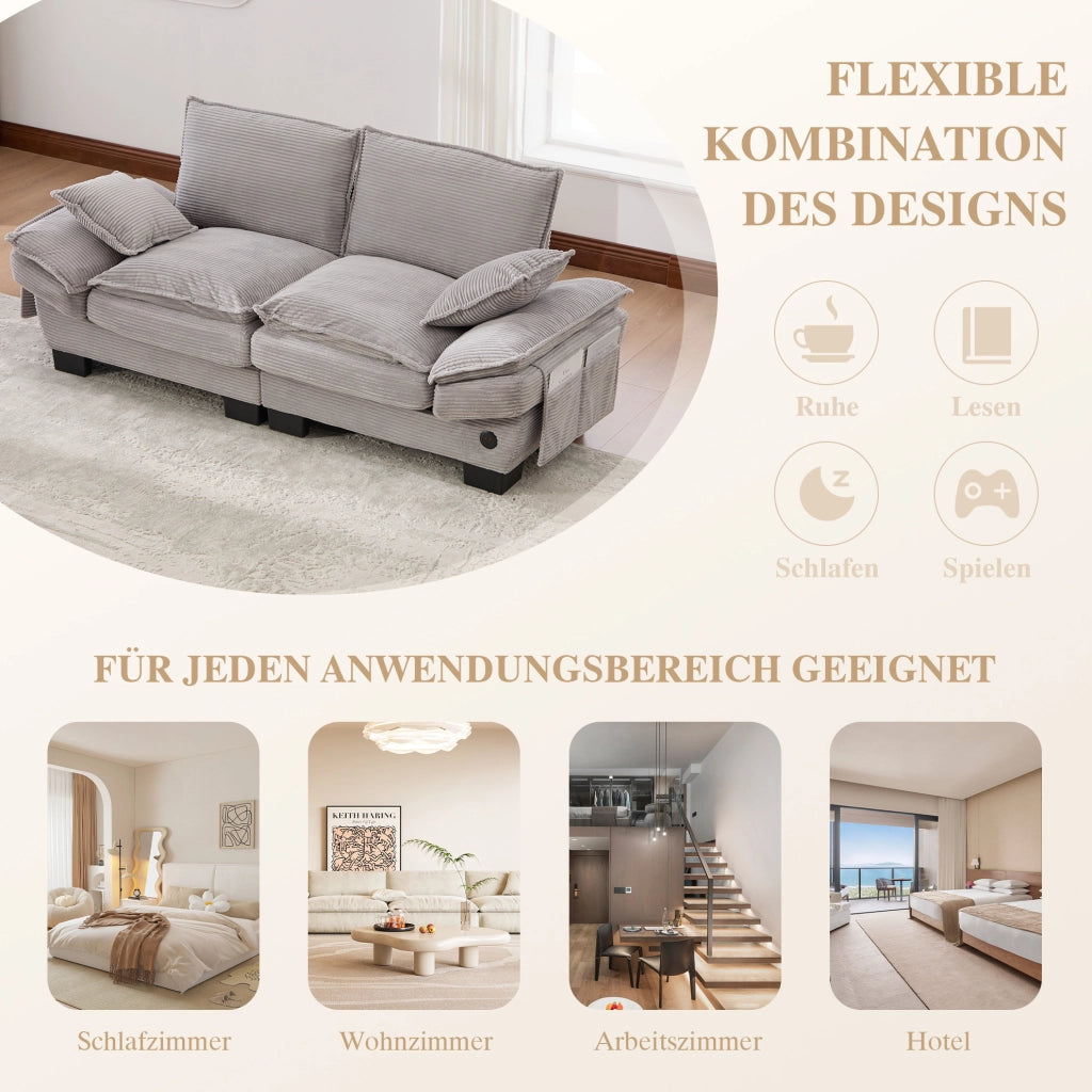 Divano 2 posti in tessuto corduroy grigio chiaro; 190x73x84 cm; con porta USB-C e tasche laterali