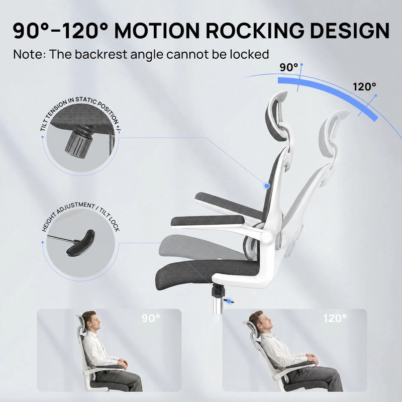 Sedia da ufficio ergonomica - Poltroncina HAMLODY - con braccioli pieghevoli a 90° - Supporto lombare - Regolabile in altezza Bianco