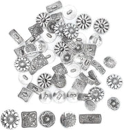 Accessori per cucito - 50 pezzi - Decorazione retro - Chiusura con design a foro singolo - Accessori per cucito - Zinklegering - Decorazione antica in argento - Accessori per cucito
