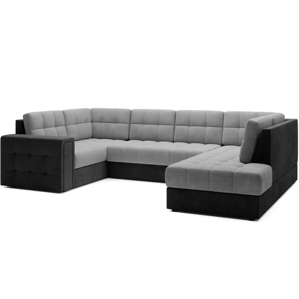 Divano angolare trasformabile MONTEZA nero e grigio 299 cm con vano contenitore e letto