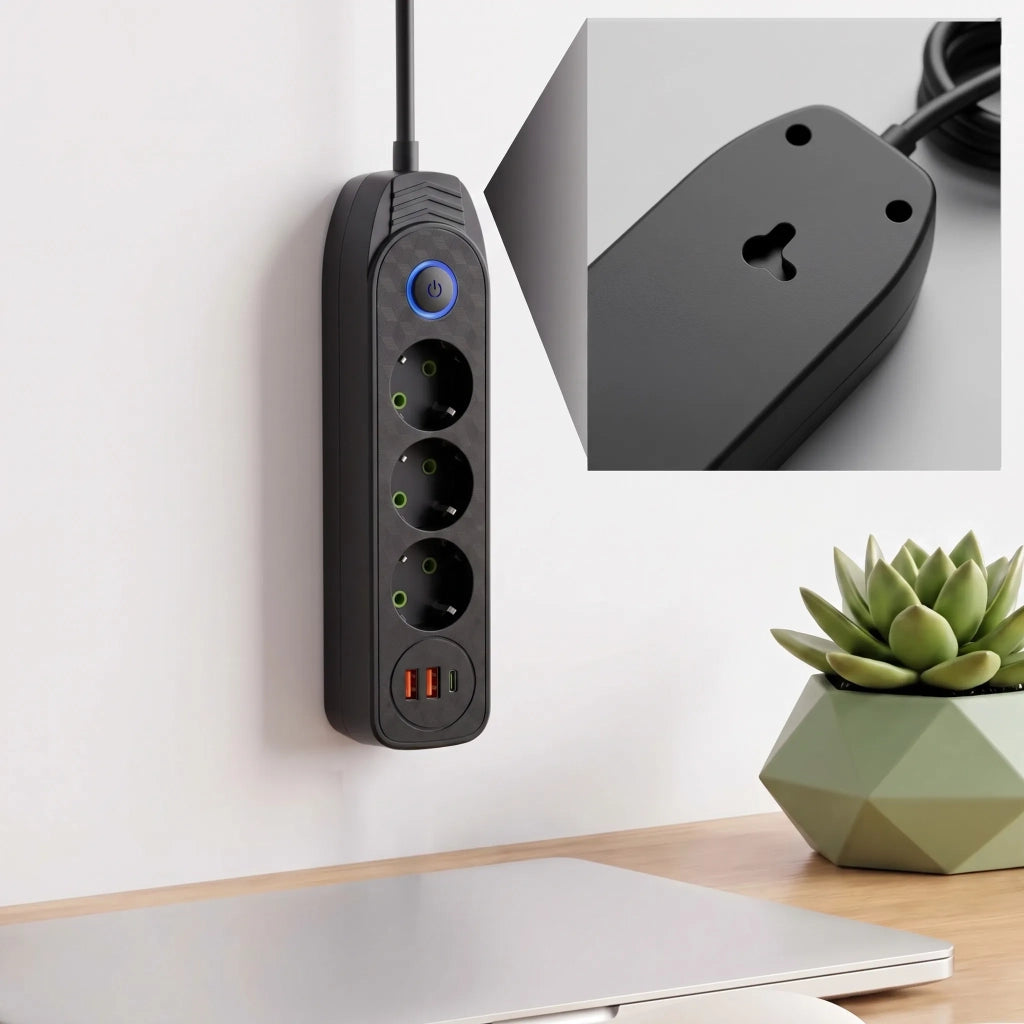 Multipresa Con Prolunga, 3 Prese + 2 Porte Usb-a + Usb-c Jnh024-3b Black