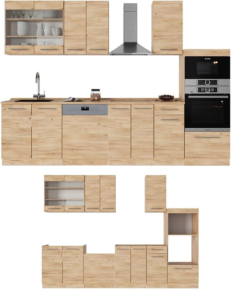 Cucina componibile Fame-Line, Quercia dorata, 300 cm con armadio alto, senza piano di lavoro, per l'espansione personalizzata tramite moduli aggiuntivi compatibili