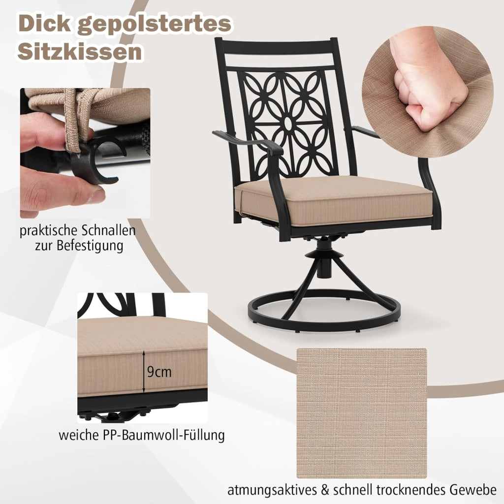 Set di 2 sedie da bistrot girevoli in metallo con braccioli curvi, telaio in metallo robusto e morbido cuscino di seduta, comode sedie da terrazza per giardino, patio, bistrot