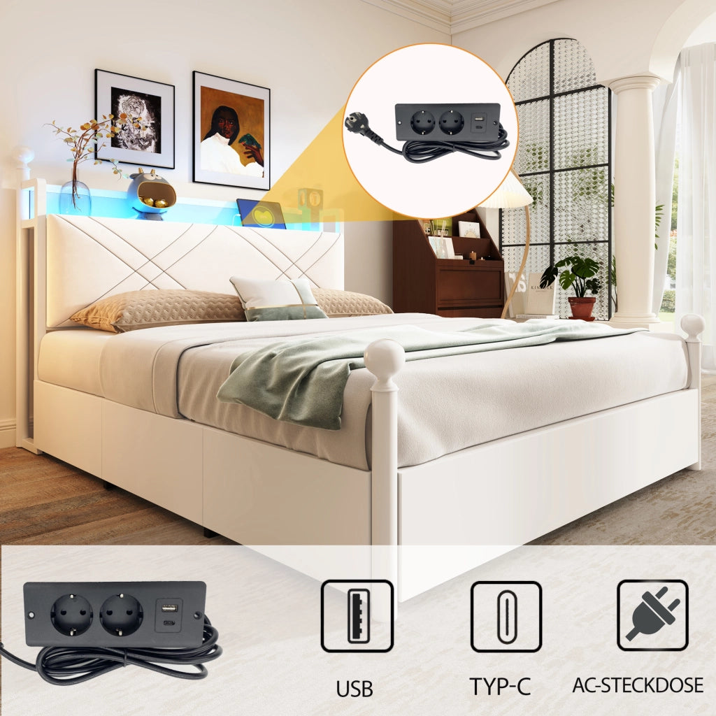 DESMIU Lit adulto 140 × 190 cm 2 posti con LED, USB e Type-C, senza materasso, in metallo, bianco