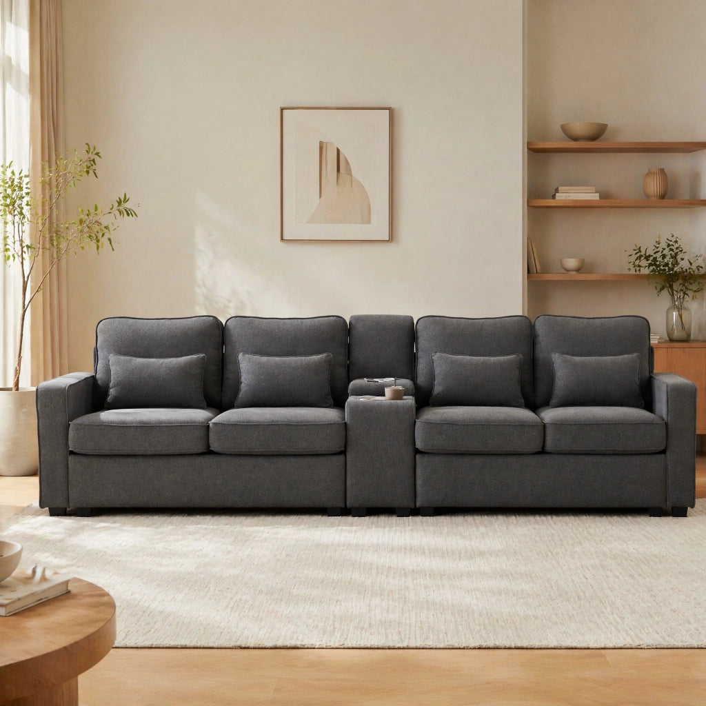 Divano 4 posti con console; 2 portabicchieri e USB; 290 × 83 × 88 cm; effetto lino grigio scuro