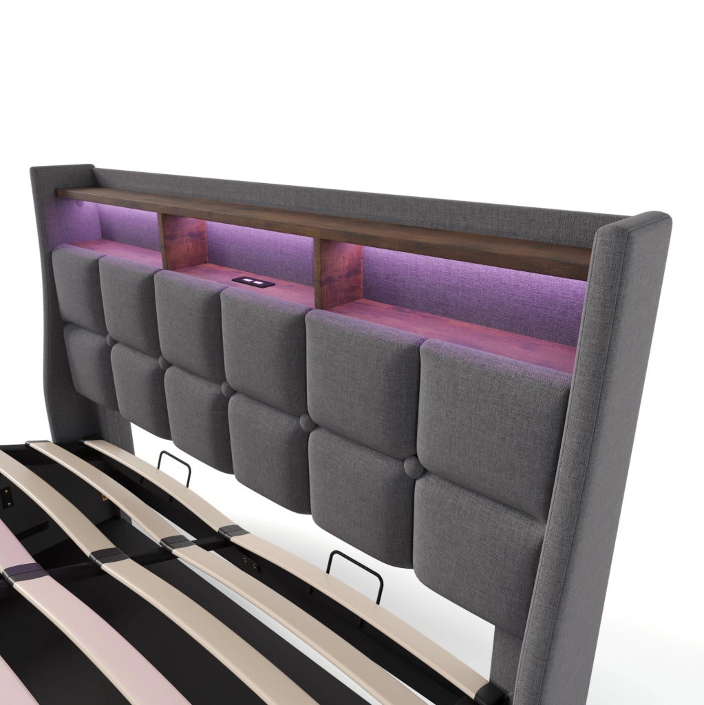 Letto matrimoniale imbottito 140x200 cm in lino grigio con LED; USB e contenitore