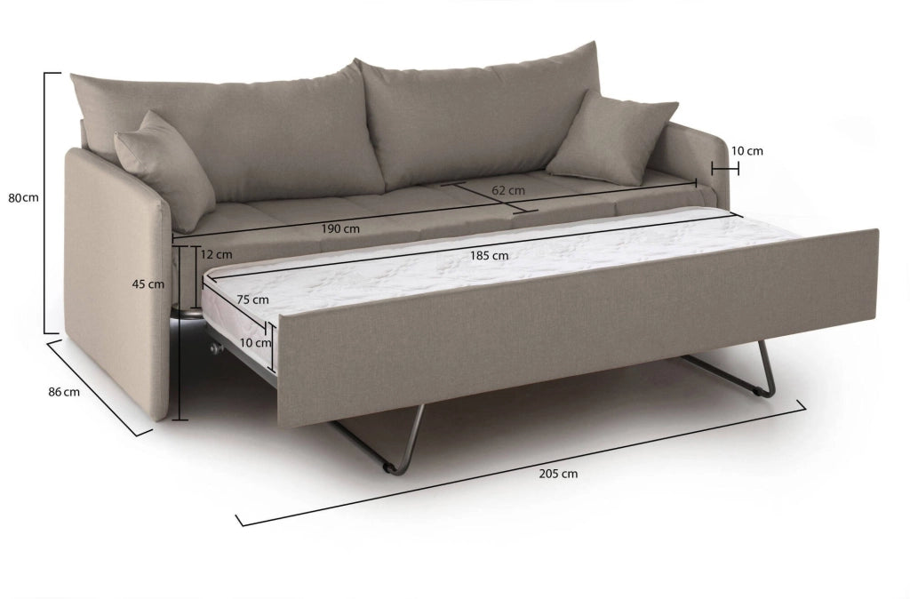 Avellana, Divano Letto 3 Posti Sfoderabile Made in Italy, 205x86 cm Grigio Tortora
