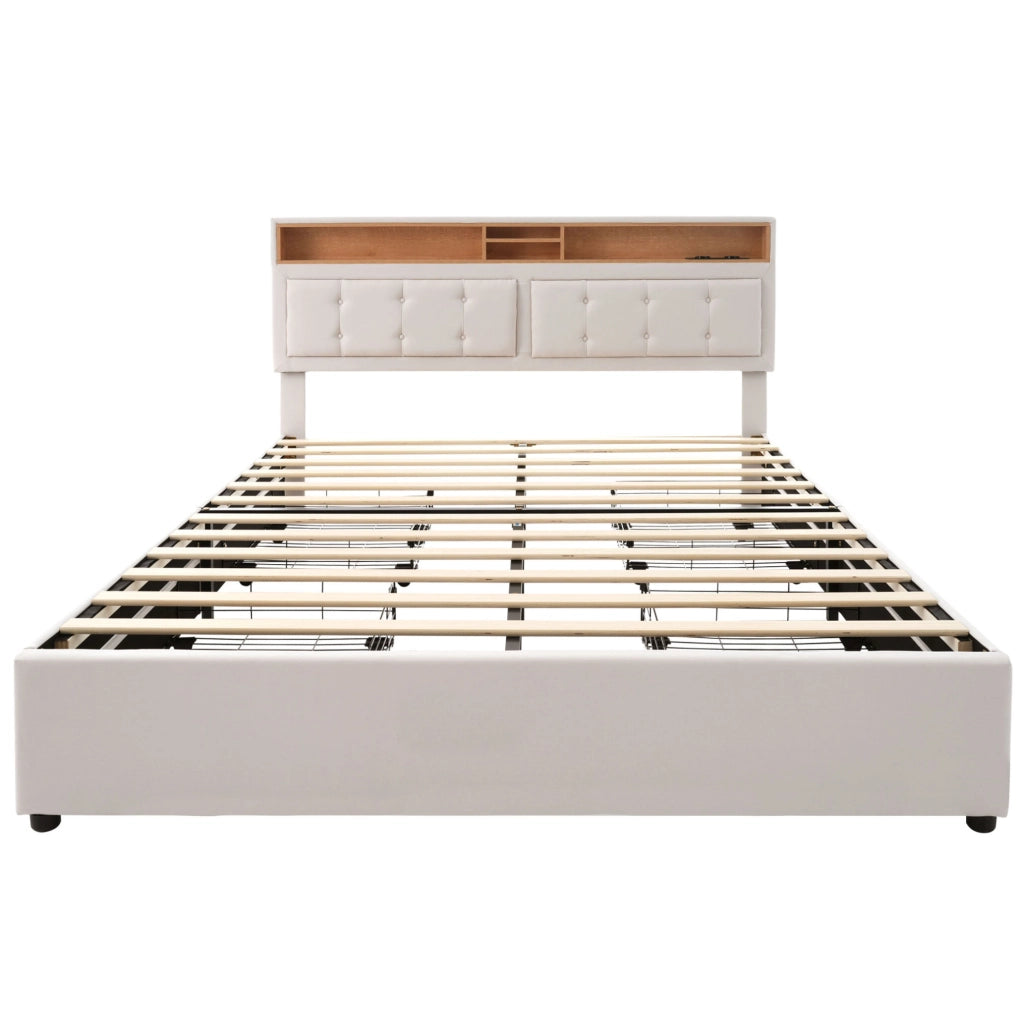 Letto beige in lino con testiera regolabile; 4 cassetti; vani contenitore; prese USB e Type-C