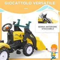 Escavatore a Pedali per Bambini da 3 Anni con Ruspa Frontale, Rimorchio e 6 Ruote, Giallo