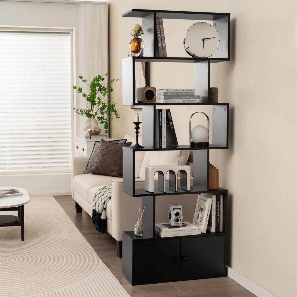Libreria Scaffale a 5 Livelli, Libreria Verticale, Divisorio per Stanza, Armadietto con 2 Ante, Scaffale Salvaspazio e Multiuso per Soggiorno, Camera da Letto, 70 x 23 x 183 cm (Nero)