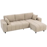 Divano angolare reversibile, 3 posti con penisola, 2 cuscini, struttura in acciaio, 242x156x87cm, Beige