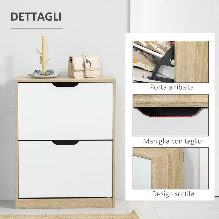 Scarpiera Slim Salvaspazio 2 Cassetti a Ribalta 8 Paisa di Scarpe 62,5x26x81 cm Legno e Bianco