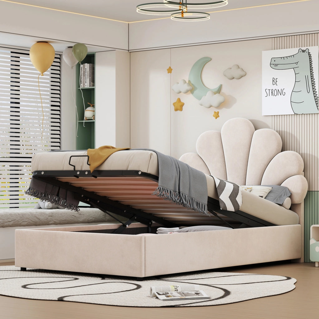 Letto singolo imbottito 90x200 cm beige con vano contenitore