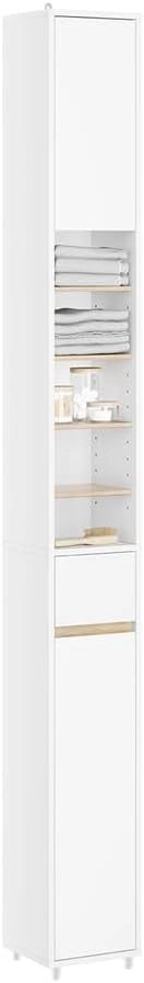 Mobile Bagno Alto e Stretto, Mobili Salvaspazio Mobiletto a Colonna da Terra con Ripiani Regolabili e Cassetto Armadietto per Bagno e Lavanderia 20×20×180 cm BZR34-WN