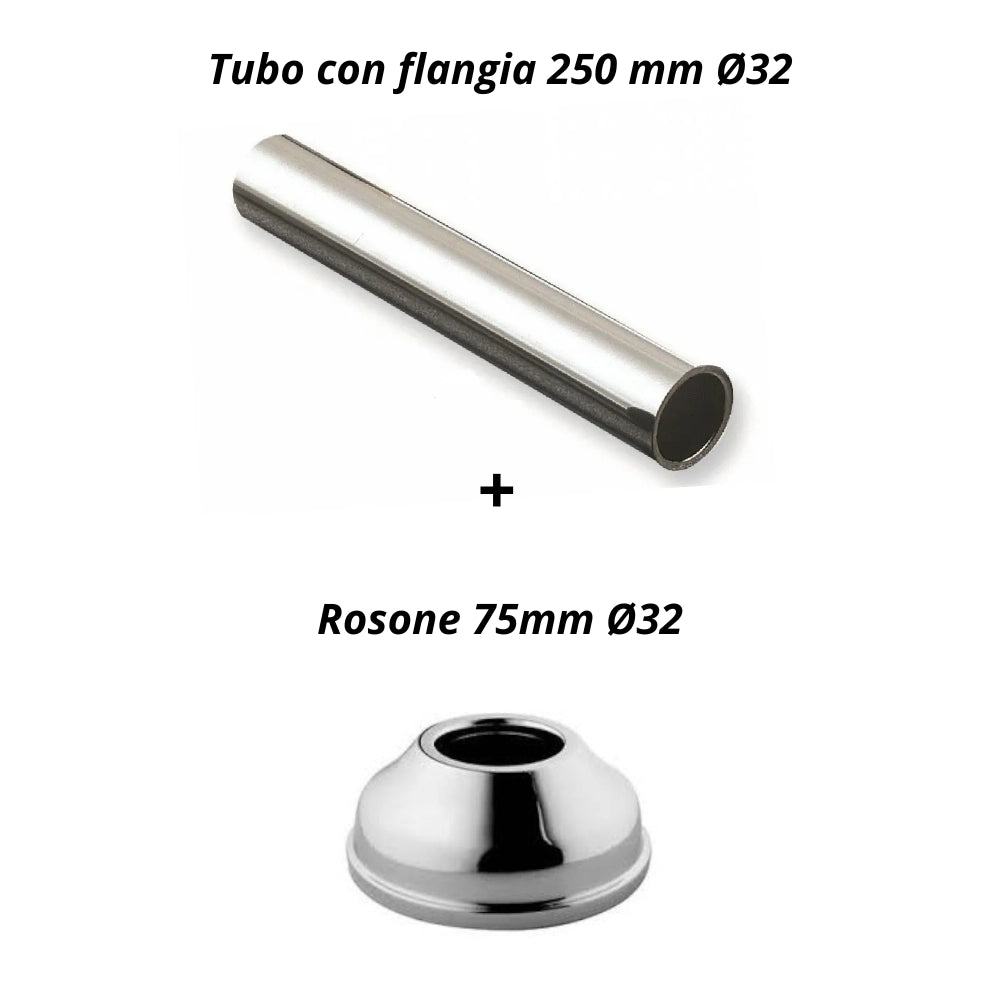 Kit tubo cromato liscio con flangia 250 mm rosone 32 diametro 75 mm