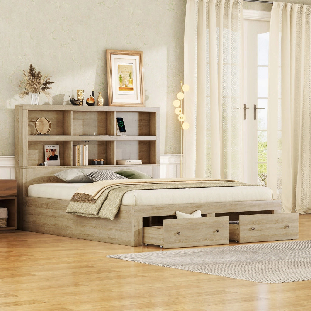 OKWISH Letto con Cassetti 160×200 cm, Letto Matrimoniale con USB, 2 Cassetti e 6 Mensole, senza Materasso, in Pannelli, Naturale
