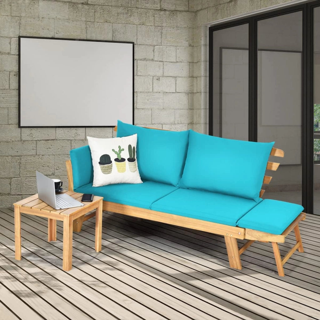 Divano Letto Pieghevole con Materasso da 2 Persone, Poltrona Sofa da 2 Persone Struttura in Legno, Moderno Divano Letto Pieghevole da Esterno, Grigio/Beige (Turchese)