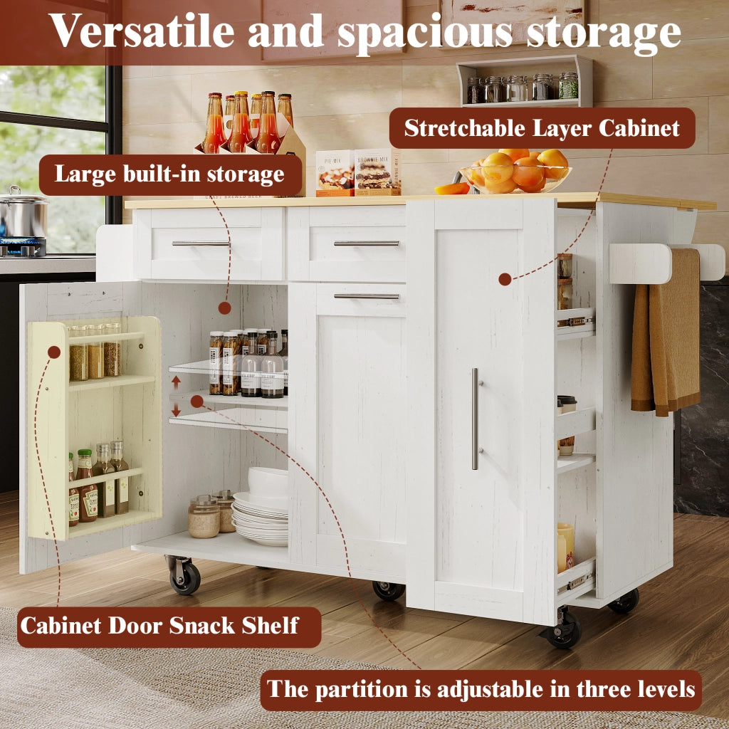 OKWISH Isola da Cucina con Piano Pieghevole e Ruote con Freno Armadietti Contenitore per Cucina in MDF Metallo Bianco