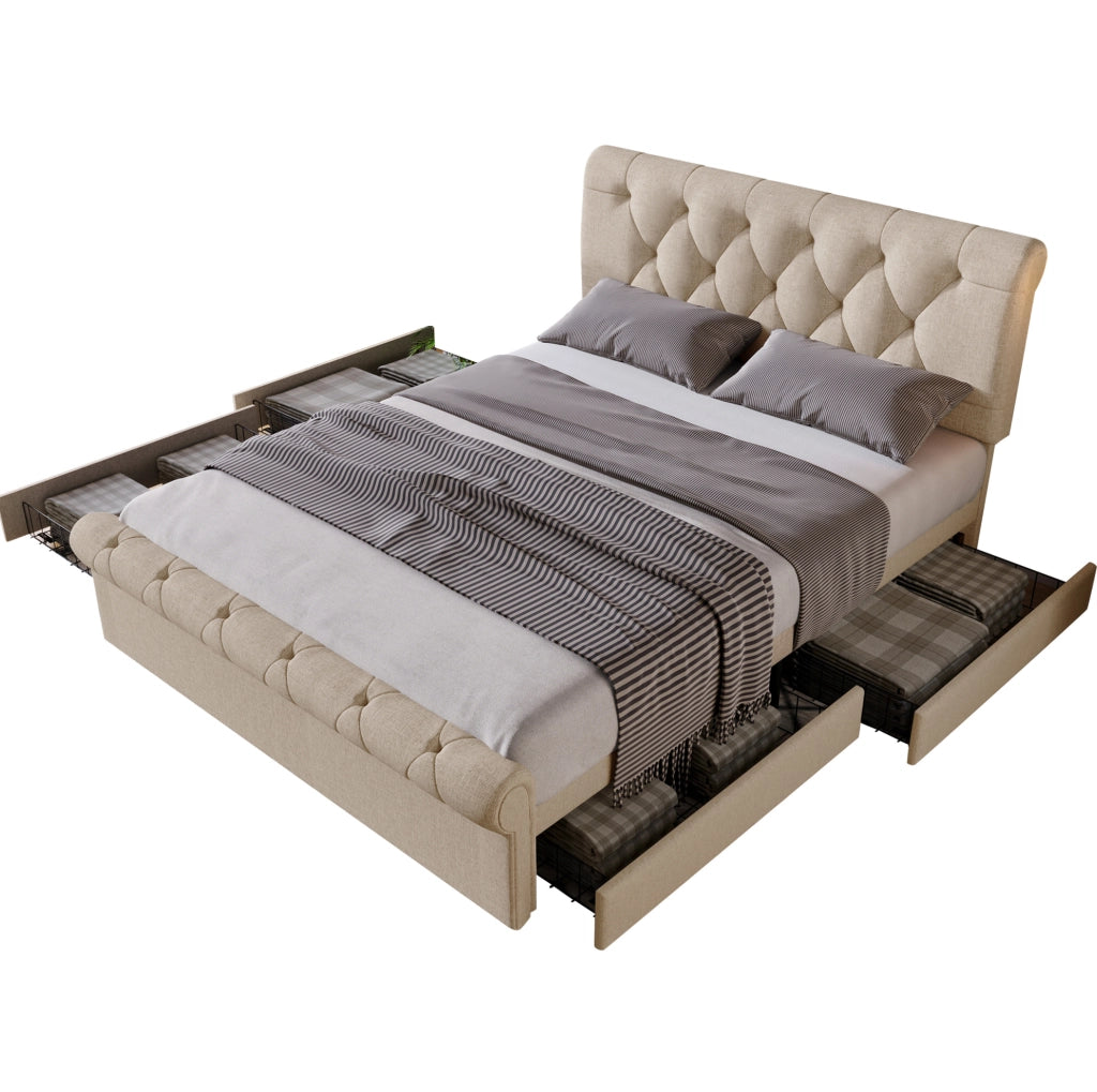 Letto matrimoniale 140x200 cm con 4 cassetti e testiera regolabile; naturale